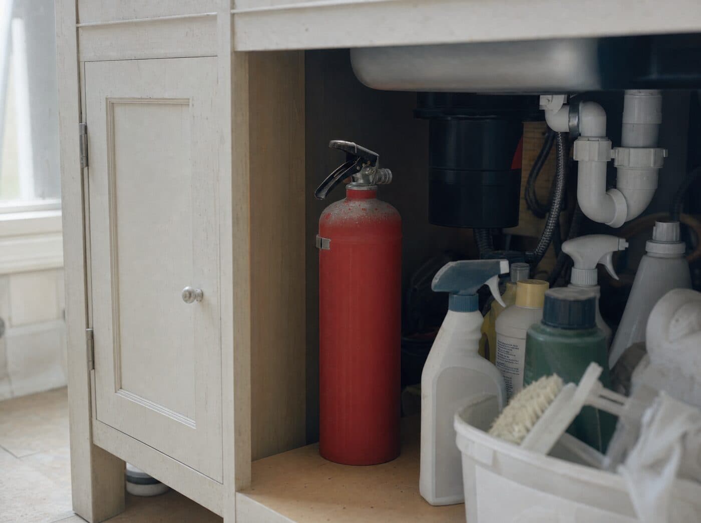A red fire extinguisher standing under a kitchen sink among cleaning bottles, a layer of dust on top