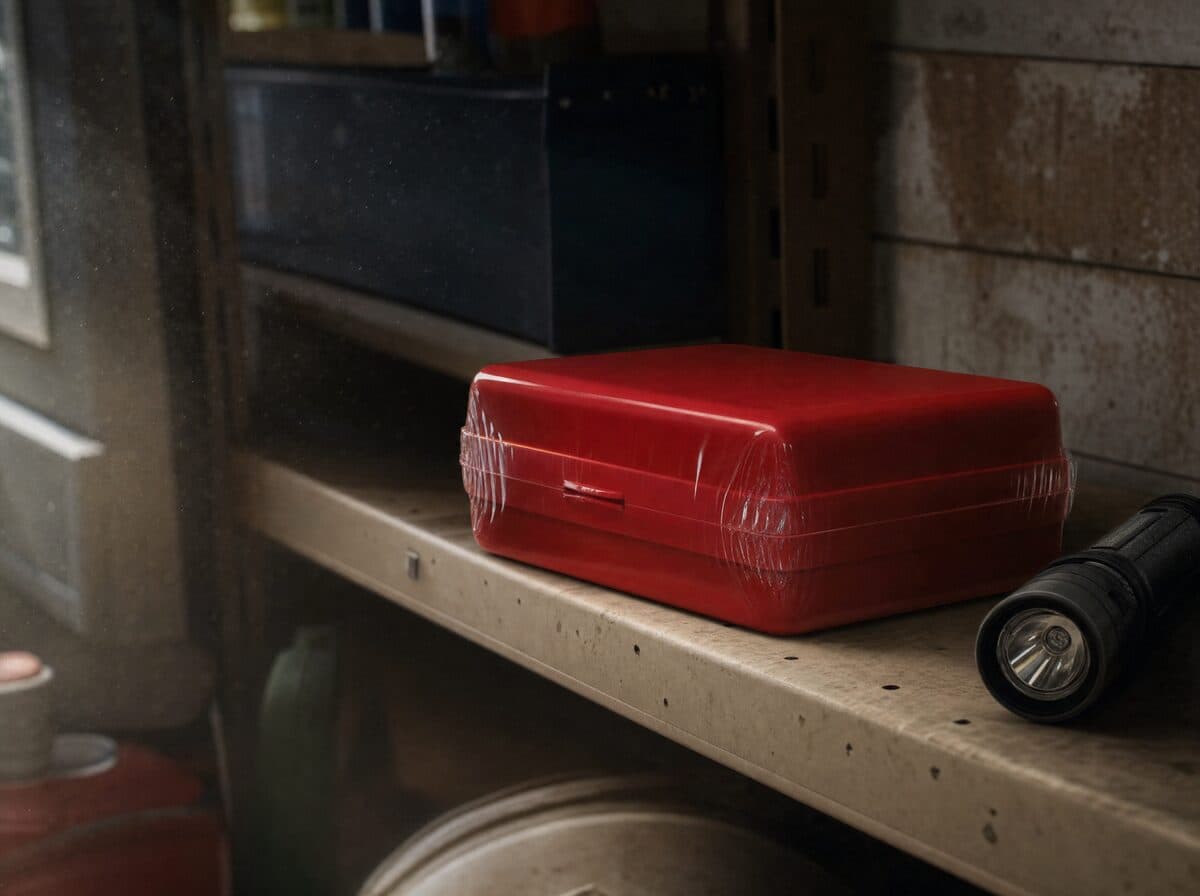 A sealed red first-aid case on a garage shelf beside a flashlight